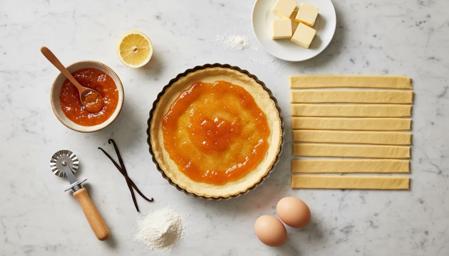 Flat-lay of crostata tart shell with apricot jam and pasta frolla dough strips ready for lattice