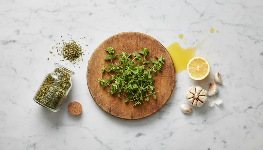 Čerstvé a sušené oregano vedle pizzy v produktovém flat-lay aranžmá