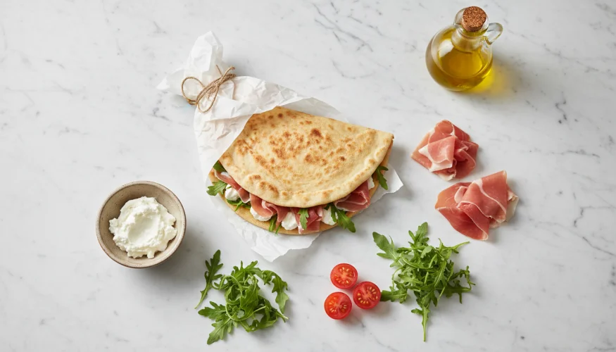 Flat-lay fotografie piadiny s parmskou šunkou, stracchinem a rukolou