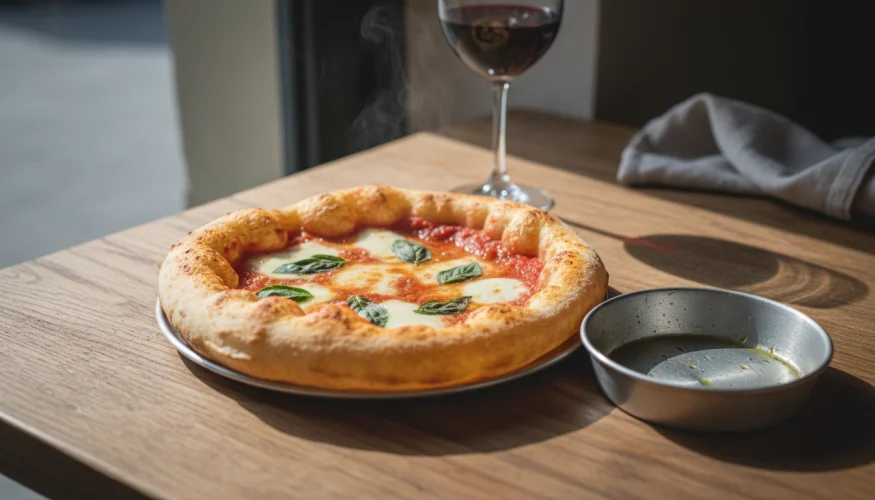 Čerstvě upečená pizza al padellino v malé kulaté pánvičce na dřevěném stole v pizzerii