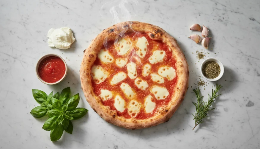 Čerstvě upečená neapolská pizza s ingrediencemi na mramorovém povrchu