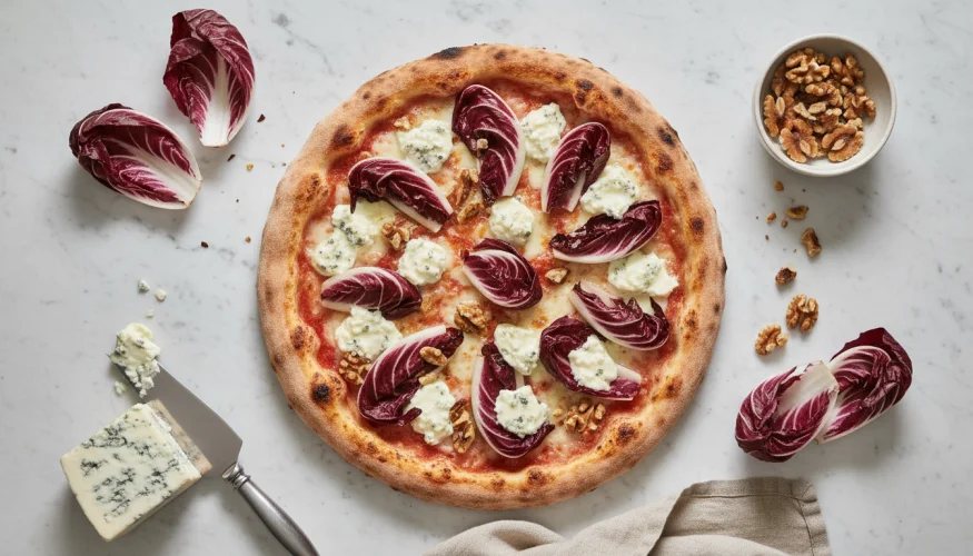 Gourmet pizza with radicchio, gorgonzola and walnuts in a flat-lay studio composition