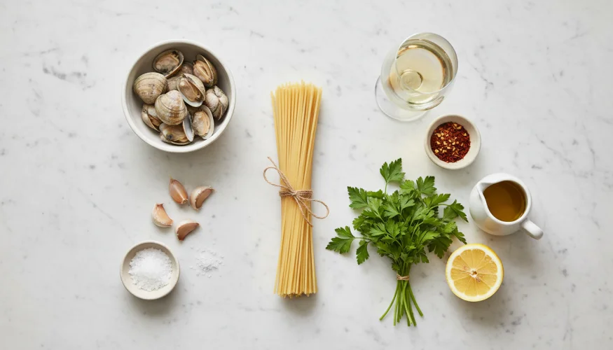 Ingredience na spaghetti alle vongole - těstoviny, venerky, česnek, víno, petrželka a olivový olej